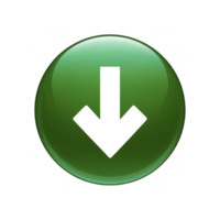 Glossy green button with downward arrow symbol, representing download or navigation. button has shiny, reflective surface, giving it modern and sleek appearance png