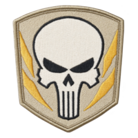 Skull emblem with fierce expression is embroidered on beige patch, featuring yellow lightning bolts on either side, creating bold and striking design png