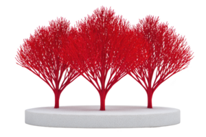 Four vibrant red abstract trees with intricate branches stand on circular white platform, creating striking contrast. artistic design evokes sense of modern creativity and bold expression png