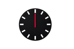 Minimalist black clock face with white hour markers and single red hand pointing at twelve, symbolizing precision and simplicity png