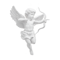 White marble statue of cherub with wings is depicted aiming bow and arrow, symbolizing love and innocence. detailed sculpture captures cherub playful and serene expression png