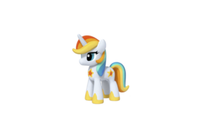 Colorful toy unicorn with rainbow mane and tail stands proudly, featuring white body and star decorations. Its playful design and vibrant colors make it appealing to children png