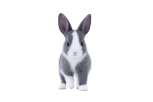 Cute gray and white rabbit with large ears stands facing forward on transparency background, showcasing its soft fur and curious expression png