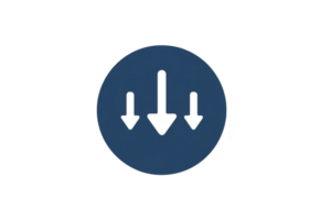 Blue circle contains three black arrows pointing downward, symbolizing download or decrease. central arrow is larger, emphasizing concept of priority or importance png