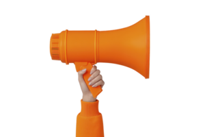 Hand holding bright orange megaphone against transparency background, symbolizing communication and announcement. vibrant color and simple design make it eye catching png