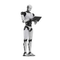 Humanoid robot stands while interacting with tablet, showcasing advanced technology and futuristic design. robot sleek, metallic body and focused posture highlight innovation png