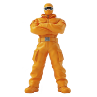 Person in orange jumpsuit and helmet stands confidently with arms crossed, wearing protective gear and boots. outfit includes multiple pockets and belt, suggesting utility and readiness png