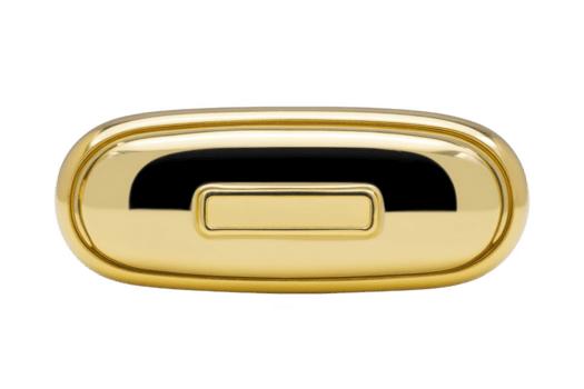 lustroso, brilhante ouro oval objeto com retangular botão dentro Centro, refletindo claro. Projeto é moderno e elegante, sugerindo luxuoso e sofisticado item png