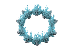 Ring of blue flames forms circle, creating mystical and intense visual effect. flames appear to be shaped like skulls, adding eerie and supernatural element to design png