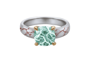 Silver ring with unique design features striking turquoise gemstone with lightning pattern, set in gold prong. band is adorned with red vein like accents, adding artistic touch png