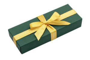 Rectangular green gift box with golden ribbon is elegantly tied in bow, creating festive and inviting appearance. Perfect for special occasions and celebrations png