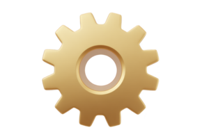 Golden gear icon with shiny metallic finish, symbolizing technology and engineering. gear has classic cogwheel design, often used to represent settings or mechanical processes png