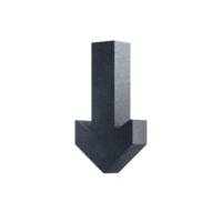 3D metallic arrow pointing downward, featuring sleek and modern design. arrow has dark gray color with textured surface, giving it robust and industrial appearance png