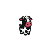 Cute cartoon cow with black and white spots and red snout stands cheerfully on plain background. Its playful design and bright colors make it appealing for children content png