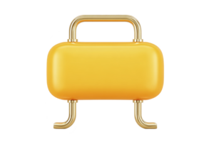 Yellow suitcase with sleek design and gold accents stands upright, showcasing its modern style. suitcase features sturdy handle and legs, making it both functional and stylish png