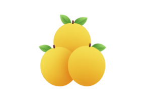 Three bright yellow oranges with green leaves are arranged in cluster, showcasing fresh and vibrant appearance. simple design emphasizes fruit round shape and vivid color png