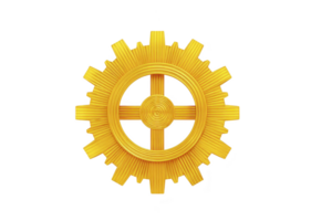 Golden gear with intricate details and shiny finish, symbolizing industry and innovation. gear design is both functional and decorative, making it versatile element mechanical and artistic png