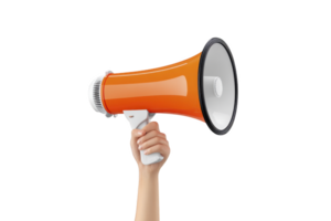 Hand holds vibrant orange megaphone, symbolizing communication and amplification. image conveys sense of urgency and attention, ideal for announcements or public speaking themes png