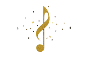 Golden treble clef symbol sparkles against transparency background, surrounded by small, shimmering particles, creating sense of elegance and musical inspiration png