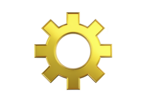 Shiny golden gear icon with circular center and eight teeth, symbolizing technology and engineering. metallic finish adds modern and sleek appearance png