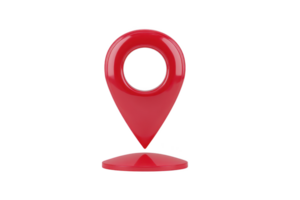 Red 3D location pin icon stands on transparency background, symbolizing navigation and mapping. glossy finish adds modern touch, making it ideal for digital and graphic design projects png