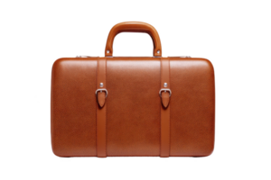 Stylish brown leather suitcase with textured surface and sturdy handle, perfect for travel or business trips. elegant design features metal buckles for secure closure png