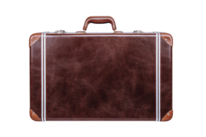 Vintage brown leather suitcase with silver accents and sturdy handle, evoking sense of nostalgia and adventure. suitcase classic design is both stylish and functional png