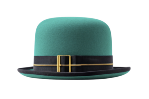 Stylish green bowler hat with black band and gold buckle, perfect for adding touch of elegance to any outfit. classic design is both timeless and versatile png