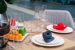 Elegant Table Setting with Folded Napkins and Glassware photo