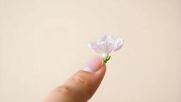 Delicate pink sweet pea blossom held gently on a fingertip against a soft beige background photo