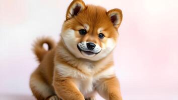 An endearing Shiba Inu puppy with a fluffy coat looks directly at the camera with bright eyes. photo