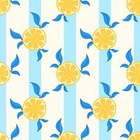Seamless pattern with lemon slice on a striped turquoise background. Bright Mediterranean citrus design in a flat style. vector