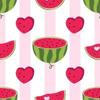 Seamless pattern of watermelon, slices, slices, halves in flat style. Illustration on delicate, pink striped background. vector