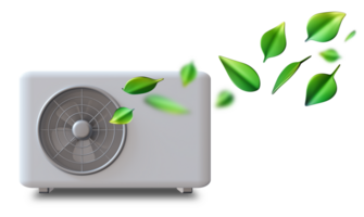 White air source heat pump features a sleek and modern design, highlighting its energy efficiency. This 3D render emphasizes eco-friendly performance suitable for homes and businesses png
