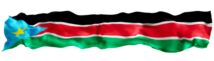 Stylized flag of South Sudan waving in the wind on transparent background. Footer, header or divider. Cut out wide, panoramic element. Banner for patriotic themes or national event promotions. 3D. png