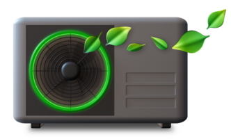 This air source heat pump features a compact gray and black design, highlighting core components. Eco-friendly leaves symbolize energy efficiency and sustainable heating solutions png