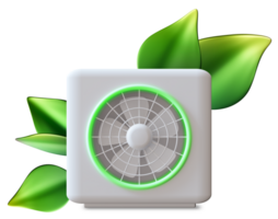 3D render showcases a compact air source heat pump, highlighting its innovative design and structural features. The pump is adorned with green leaves, emphasizing its eco-friendly attributes png