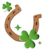 GRustic horseshoe crafted from ceramic features a weathered texture and is shaped traditionally in a U form. Accompanied by green clovers, it represents luck and protection png