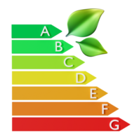 This 3D rendering displays an energy efficiency rating chart illustrating various performance levels for ecological houses. The chart emphasizes energy classes from A to G, promoting sustainability png