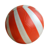 A red and white striped plastic ball placed on a transparent background, featuring a glossy texture and geometric panel design, ideal for children's play or graphic use. png