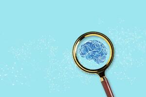 Magnifying Glass Focusing on Human Brain with Neural Network on Blue Background, Artificial Intelligence Concept photo
