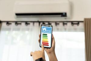 Smartphone displaying energy efficiency rating with air conditioner on background for home energy saving concept photo