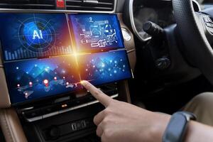 Futuristic AI smart car dashboard touchscreen with GPS navigation, data interface, and virtual control system photo