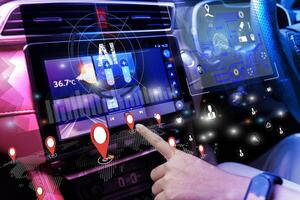 AI smart car dashboard with GPS navigation, digital interface, and futuristic autonomous vehicle technology photo