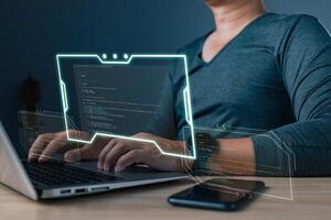 A programmer engaged in coding demonstrates the essence of technology, merging skill and innovation to craft efficient solutions and drive advancements in the ever-evolving digital landscape. photo