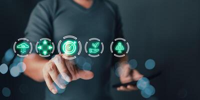 Nature green Business Innovation and Sustainable Development concept.person hold technology icon to save energy,and reduce global warming,ecology friendly investment,ESG environment social governance. photo
