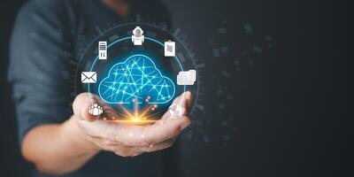 Hand hold icon cloud computing technology.data storage center system sharing management for upload download transfer.secure backup online digital networking and internet connection service concept photo