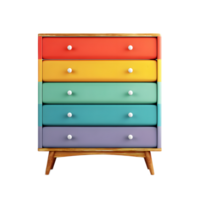 A modern and stylish chest of drawers featuring a sleek wooden frame and a stack of vibrant pastel colored drawers for ample storage and contemporary home decor png