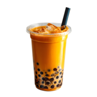 A tall clear plastic cup filled with a vibrant orange hued iced boba tea topped with a layer of frothy milk foam and chewy black tapioca pearls png