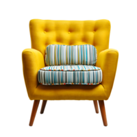 A stylish and comfortable yellow accent chair with a tufted backrest and striped patterned cushion featuring a modern yet timeless midcentury inspired design png